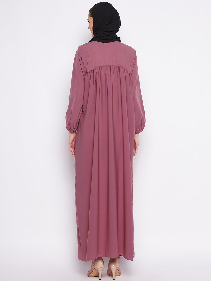 Nabia Puce Pink Nida Matte Fabric Embroidery Abaya For Women With Georgette Scarf