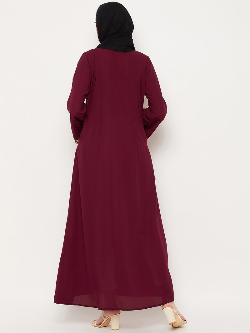 Nabia Maroon Nida Matte Fabric Embroidery Work Women Abaya With Georgette Scarf