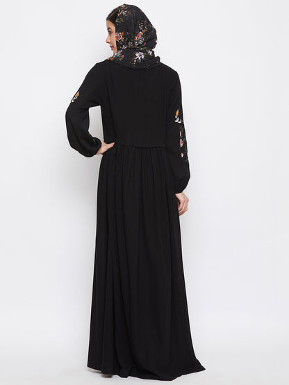 Nabia Women Black Chikan Hand Embroidery Design  Abaya With Georgette Scarf