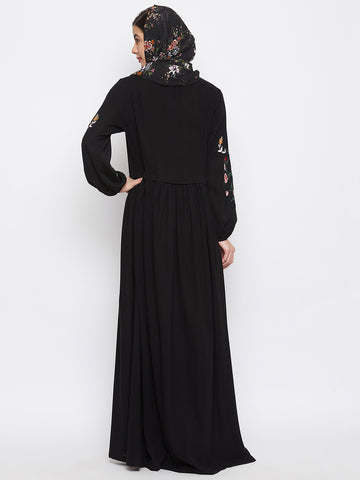 Nabia Women Black Chikan Hand Embroidery Design  Abaya With Georgette Scarf