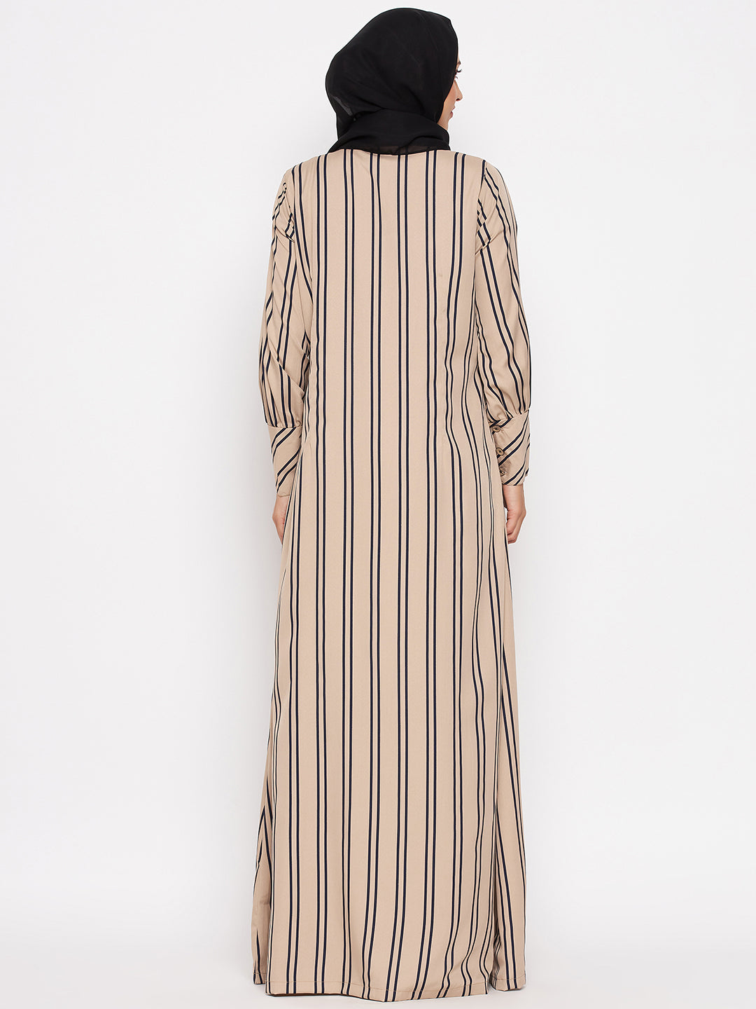 Nabia Women Beige Front Open Striped Abaya With Georgette Scarf