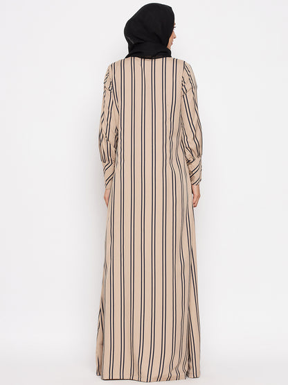 Nabia Women Beige Front Open Striped Abaya With Georgette Scarf