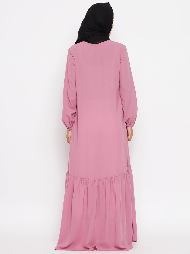 Nabia Women Fuse Pink Solid Frill Abaya With Georgette Scarf