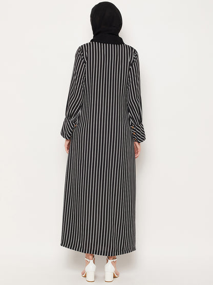 Nabia Black Striped Front Open Women Abaya with Georgette Scarf