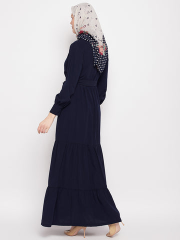 Nabia Women Blue Solid Frilled Nida Matte Fabric Abaya Burqa With Black Georgette Scarf