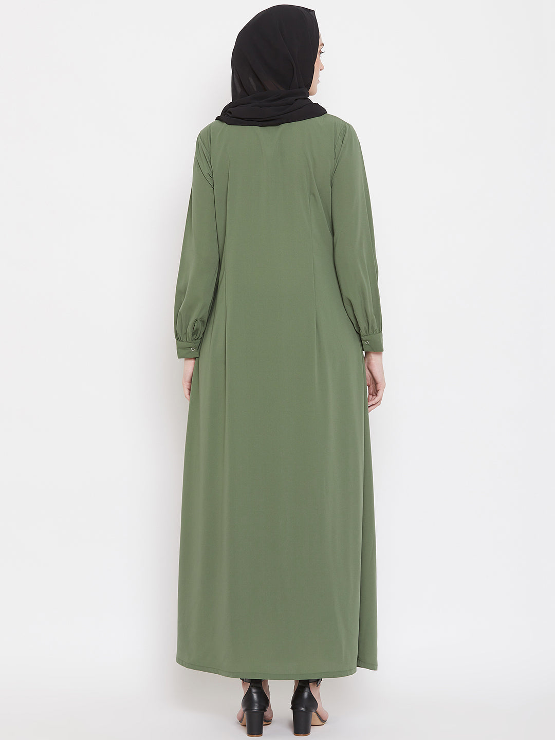 Nabia Women Jade Green Solid Front Open Abaya With Georgette Scarf