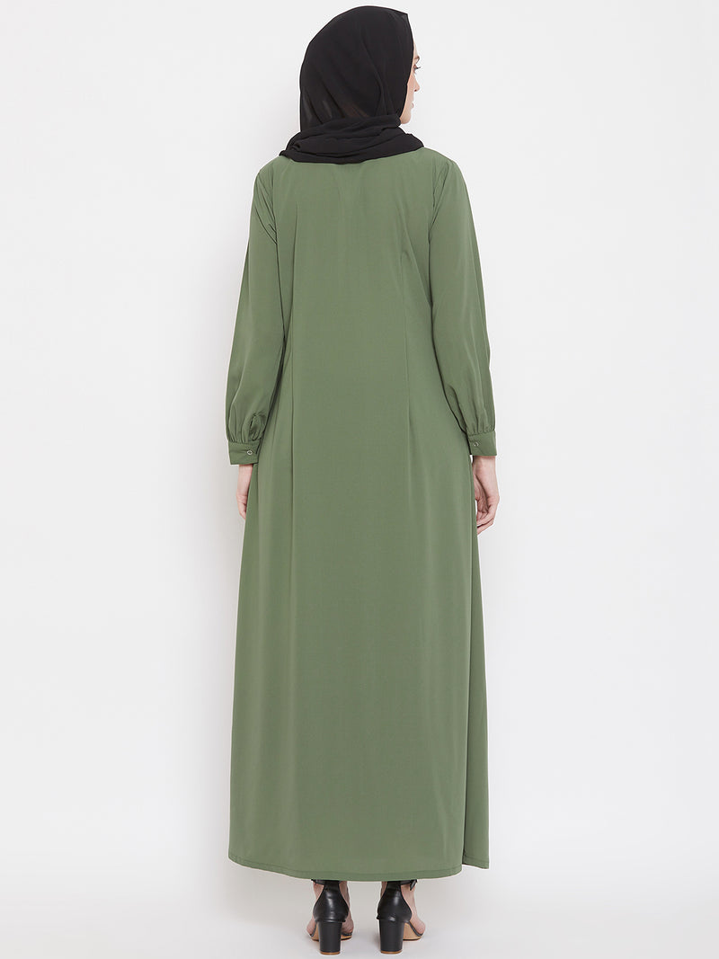 Nabia Women Jade Green Solid Front Open Abaya With Georgette Scarf