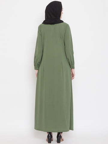 Nabia Women Jade Green Solid Front Open Abaya With Georgette Scarf
