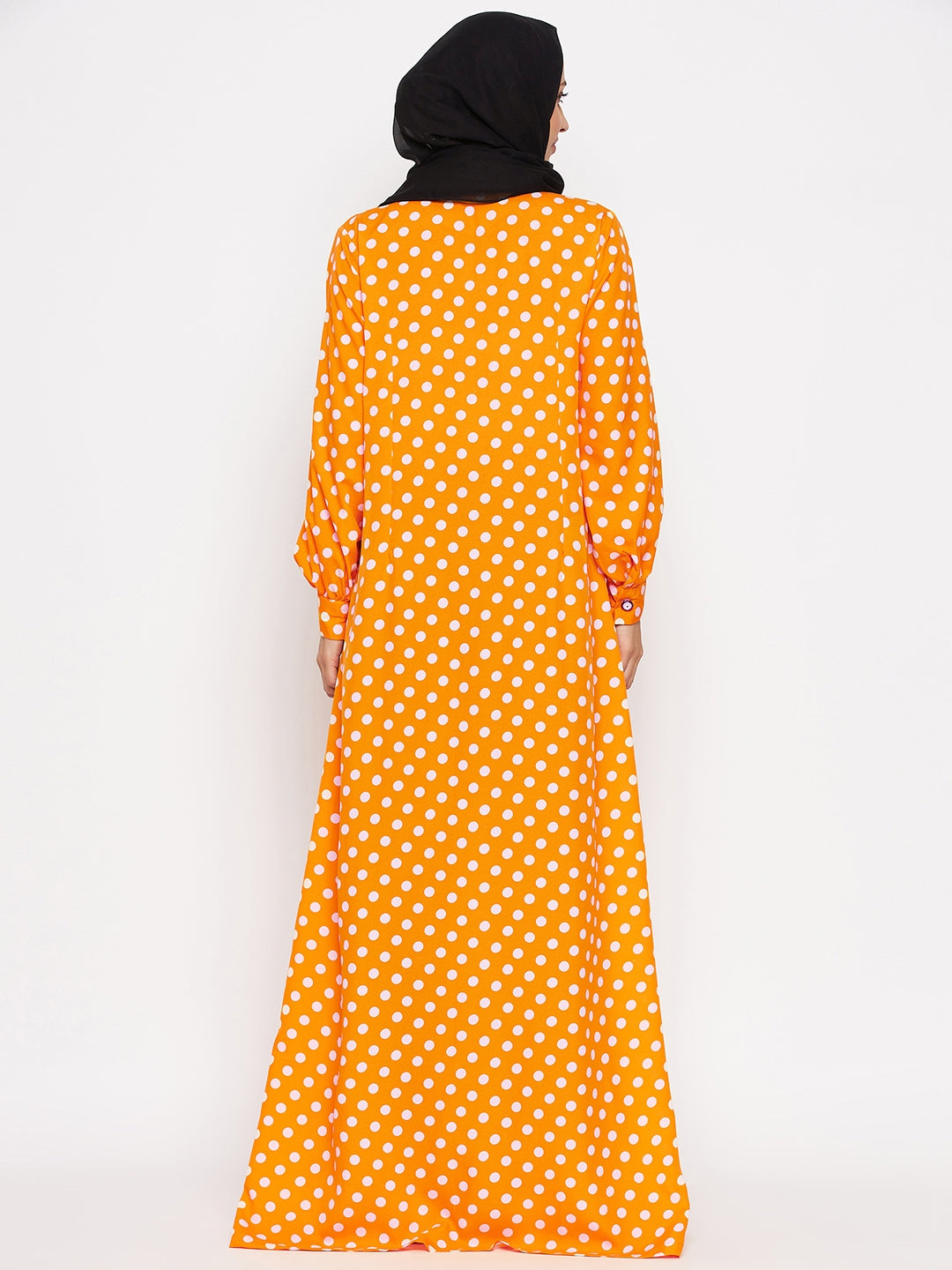 Nabia Women Yellow Polka Crepe Abaya Dress With Georgette Scarf