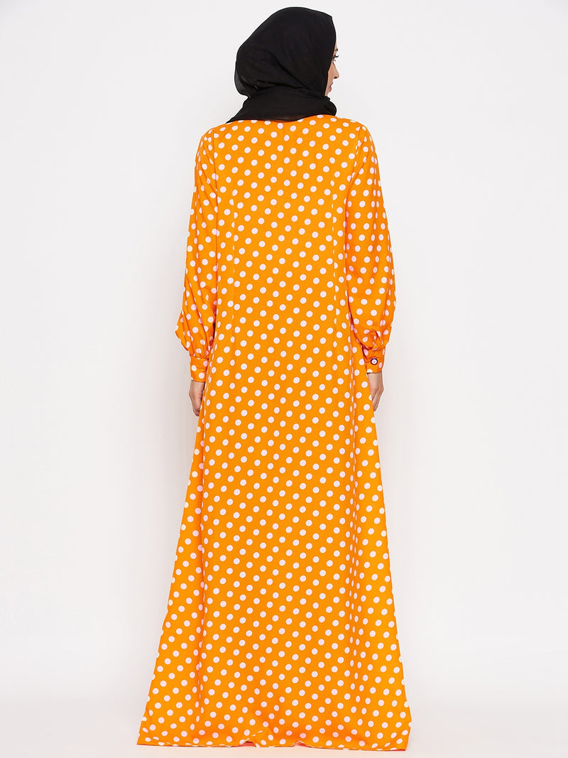 Nabia Women Yellow Polka Crepe Abaya Dress With Georgette Scarf