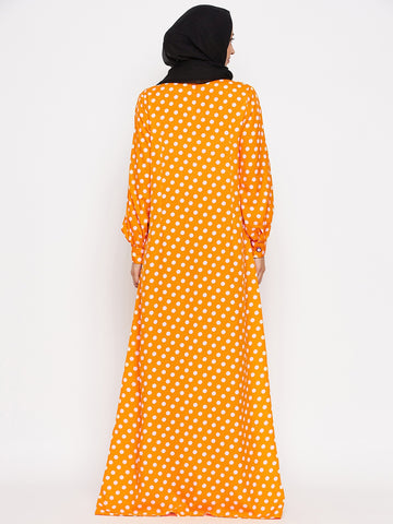 Nabia Women Yellow Polka Crepe Abaya Dress With Georgette Scarf
