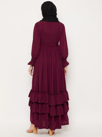 Nabia Maroon Frill Nida Matte Fabric Abaya Dress With Georgette Scarf