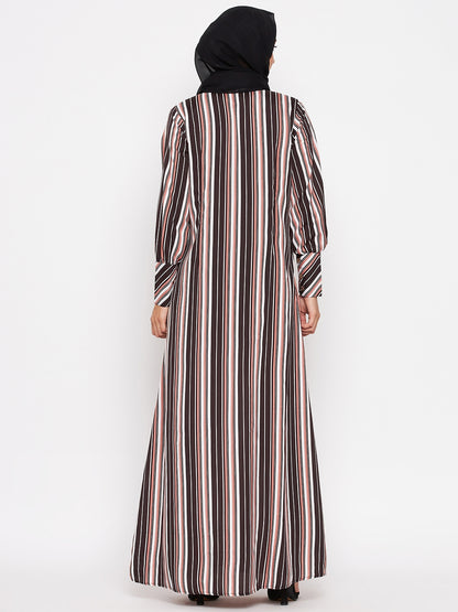 Nabia Brown Front Open Striped Abaya with Georgette Scarf