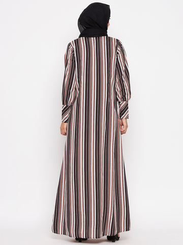 Nabia Women Brown Front Open Striped Abaya With Georgette Scarf