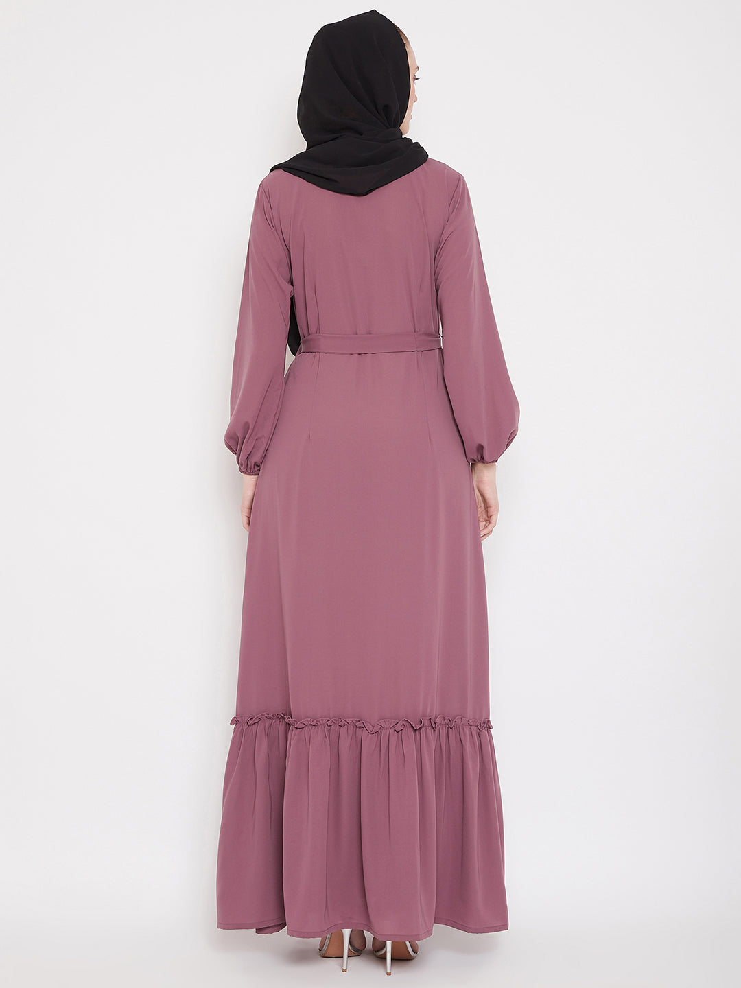 Nabia Puse Pink Solid Frill Abaya Dress for Women with Georgette Scarf