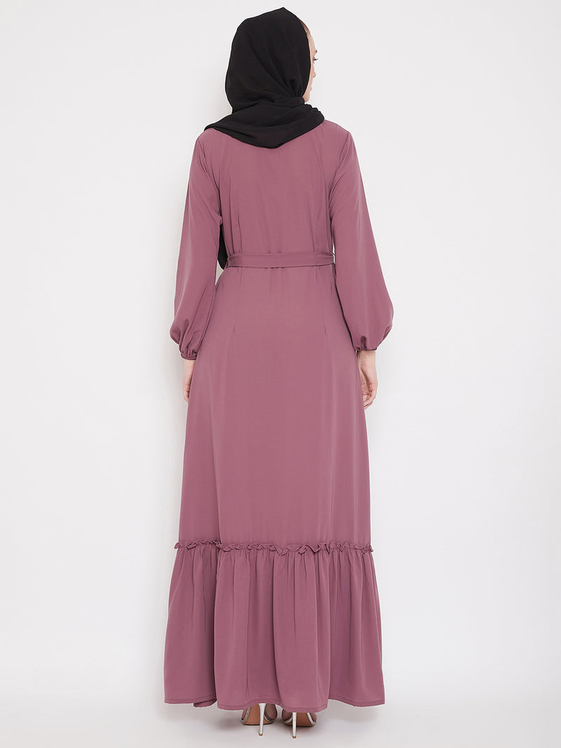 Nabia Puse Pink Solid Frill Abaya Dress for Women with Georgette Scarf