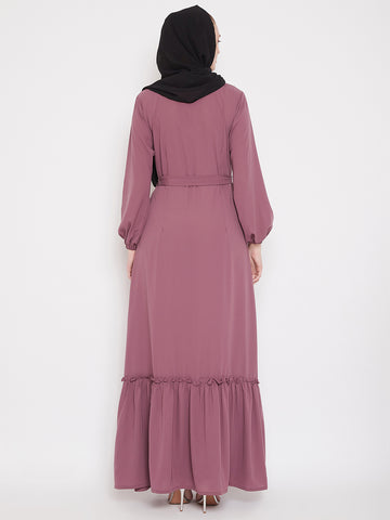 Nabia Puse Pink Solid Frill Abaya Dress for Women with Georgette Scarf