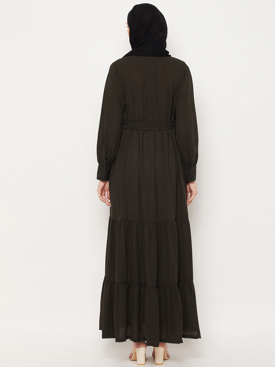Nabia Olive Green Frill Women Abaya with Georgette Scarf
