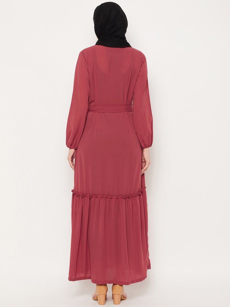Nabia Rust Nida Matte Fabric Abaya With Georgette Scarf