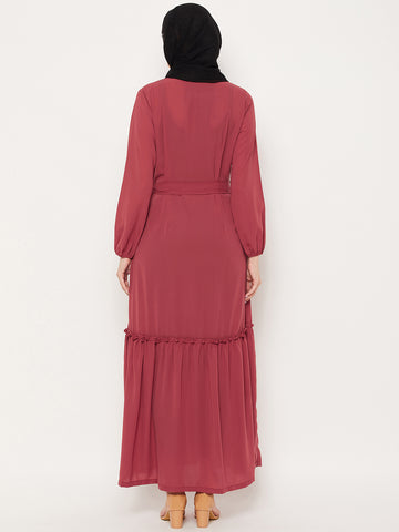 Nabia Rust Nida Matte Fabric Abaya Burqa for Women With Georgette Scarf