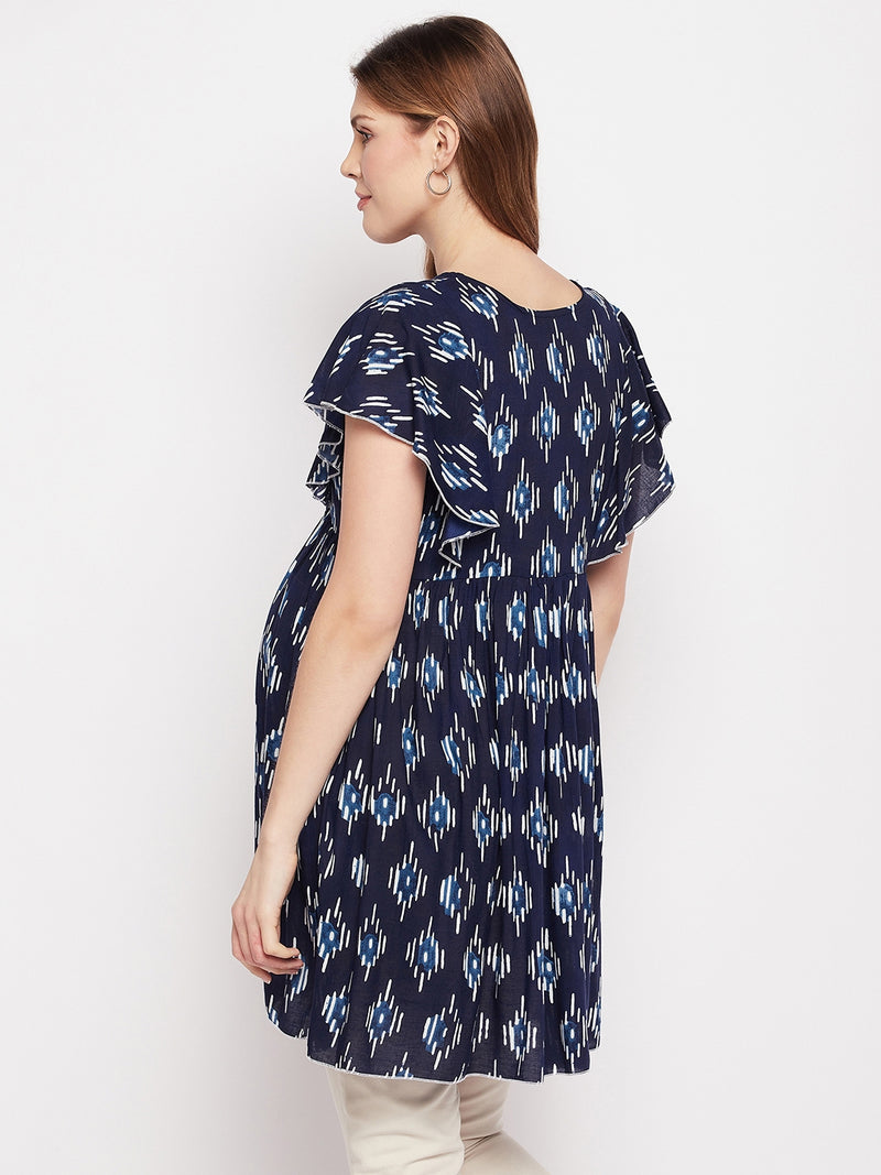 Nabia Women Blue Geometric Printed Flared Sleeves Maternity & Nursing Dress