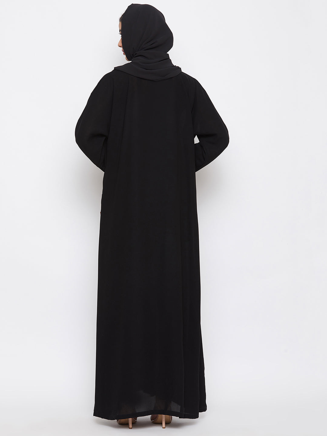 Nabia Women Black Dubai Style Front Open Nida Matte Fabric Abaya with