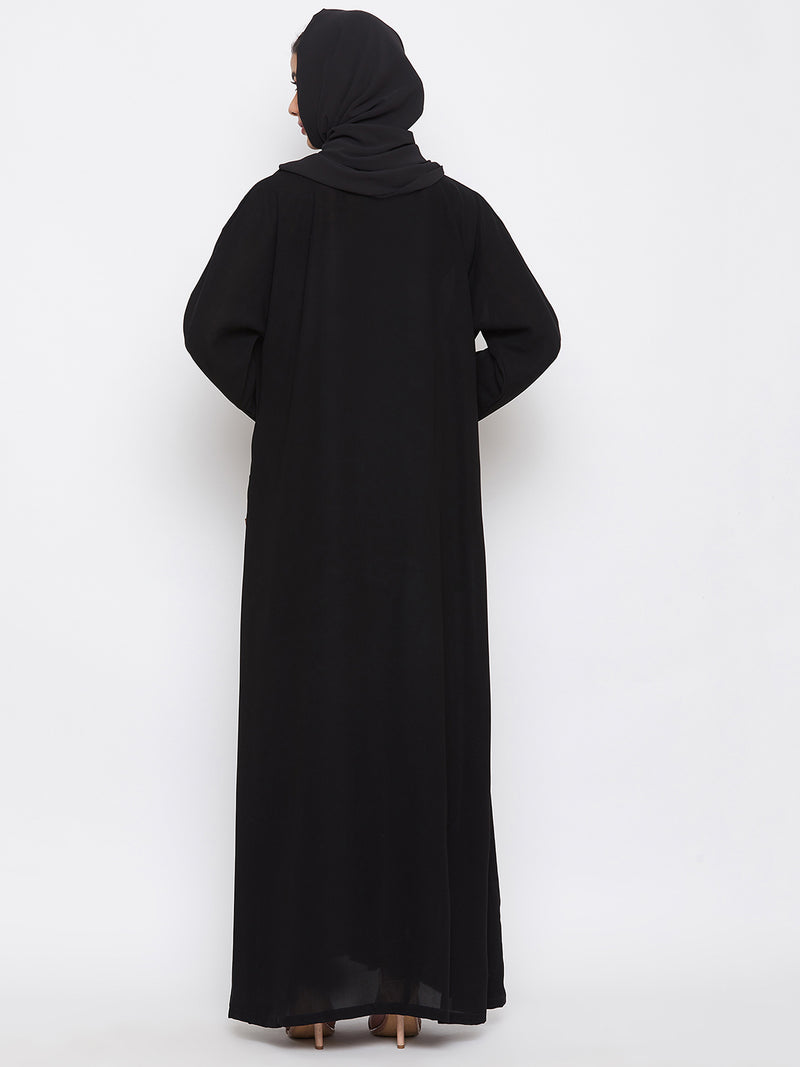 Nabia Women Black Dubai Style Front Open Nida Matte Fabric Abaya with Georgette Scarf