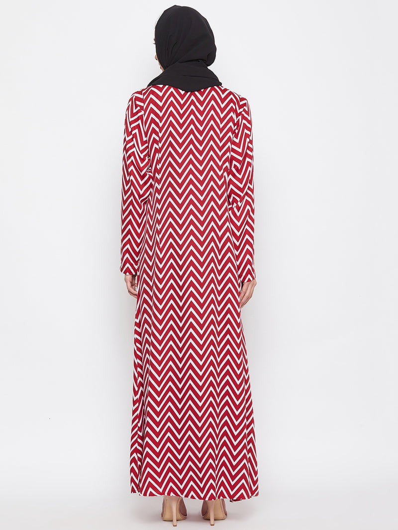 Nabia Women Red & White Printed Crepe Front Open Abaya Dress With Georgette Scarf