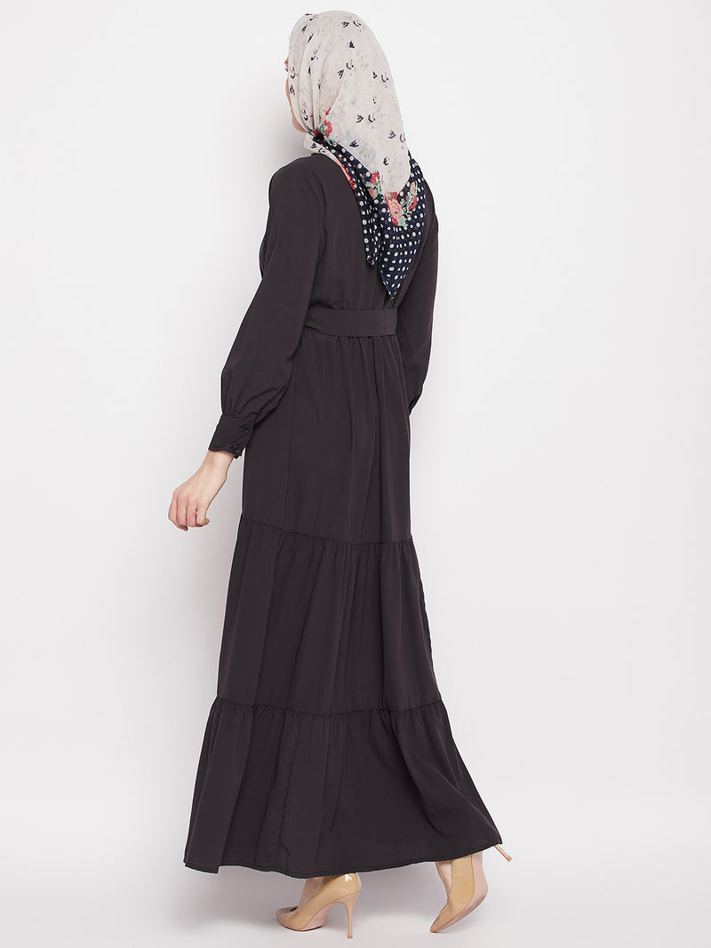 Nabia Women Olive Black Solid Frilled Nida Matte Fabric Abaya Burqa With Black Georgette Scarf