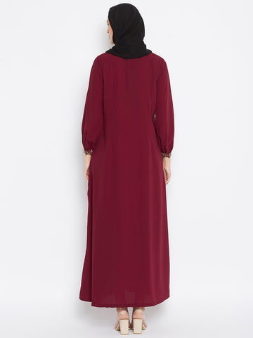 Nabia Women Maroon Pocket Embroidery Nida Matte Fabric Abaya with Georgette Scarf