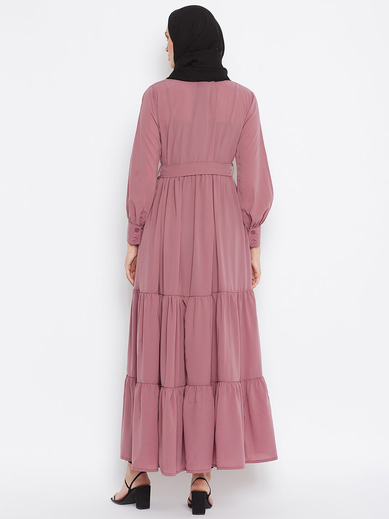 Nabia Women Pink Solid Front Open Three Frilled  Abaya With Georgette Scarf