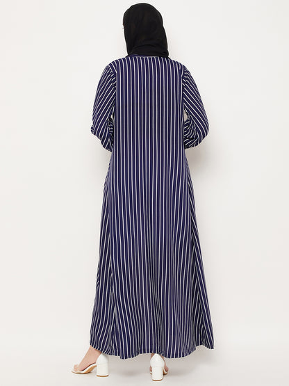 Nabia Blue Striped Front Open Women Abaya with Georgette Scarf