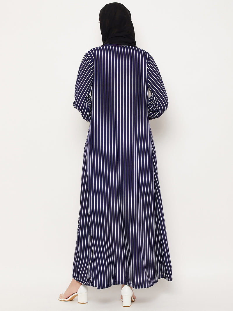 Nabia Blue Striped Crape Front Open Women Abaya With Georgette Scarf