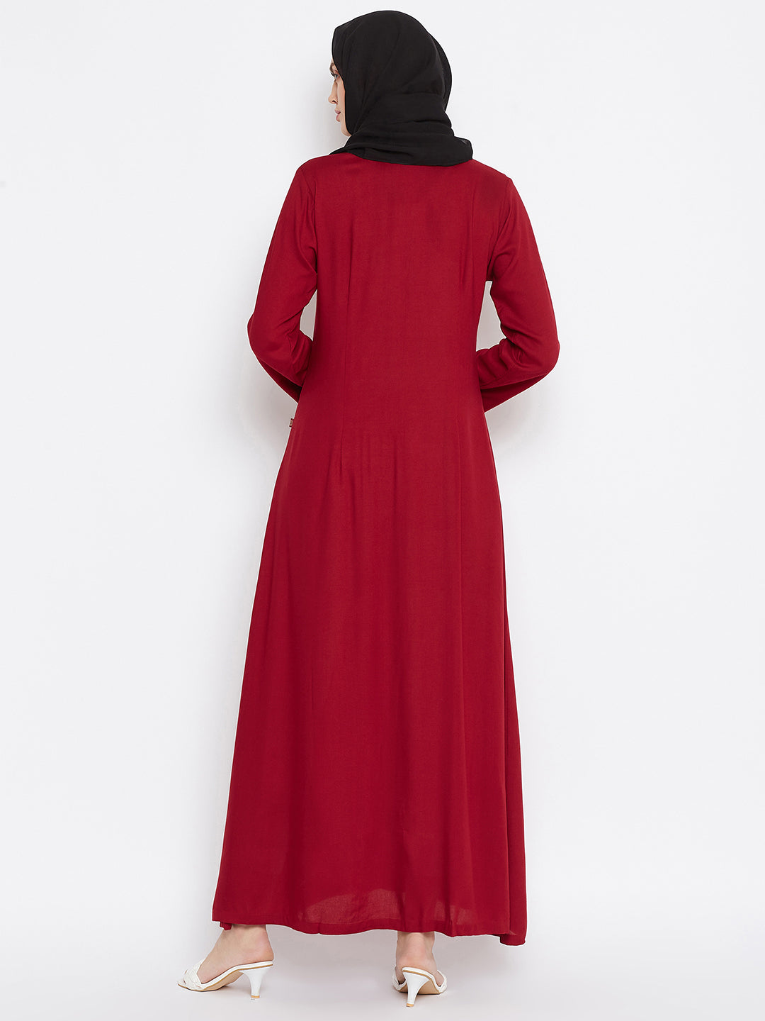 Nabia Women Maroon Rayon Front Open Abaya with Georgette Scarf