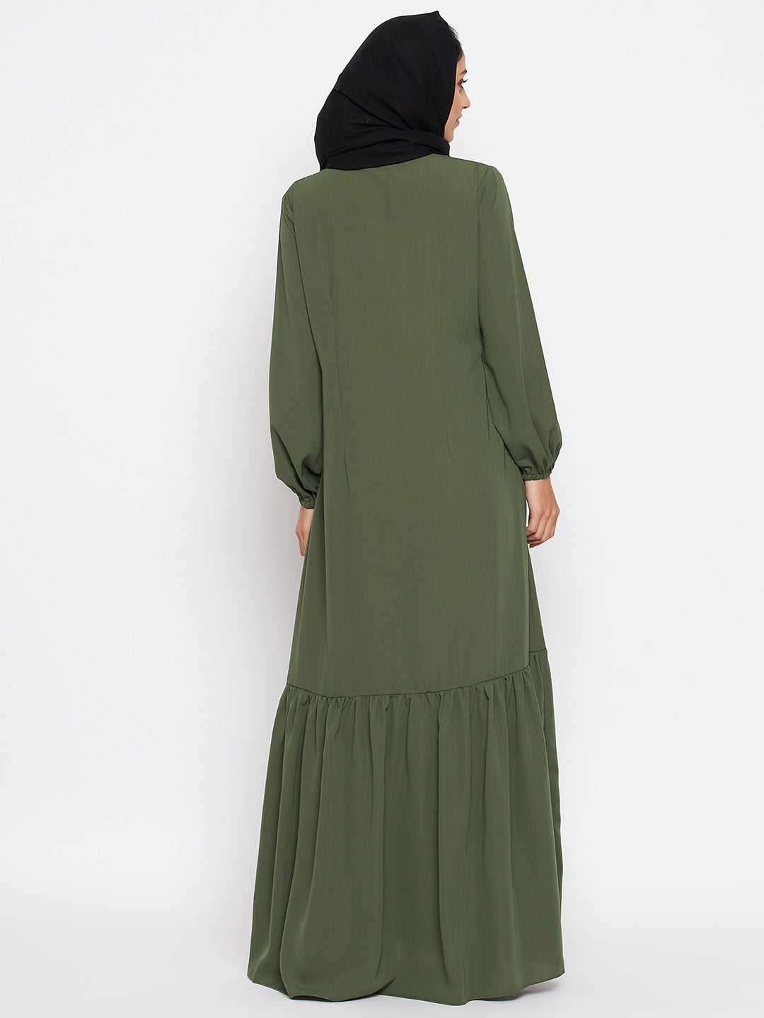 Nabia Women Jade Green Solid Frill Abaya Burqa With Georgette Scarf