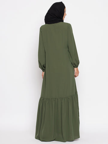 Nabia Women Jade Green Solid Frill Abaya Burqa With Georgette Scarf