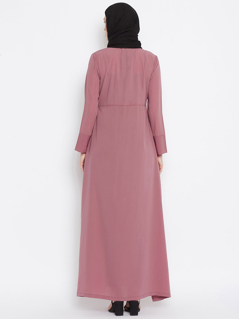 Nabia Women Fuse Pink Solid Yog Plate Abaya Dress With Georgette Scarf
