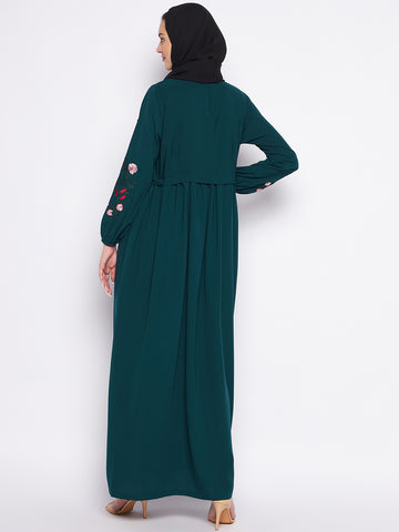 Nabia Bottle Green Nida Matte Fabric Embroidery Abaya For Women With Georgette Scarf