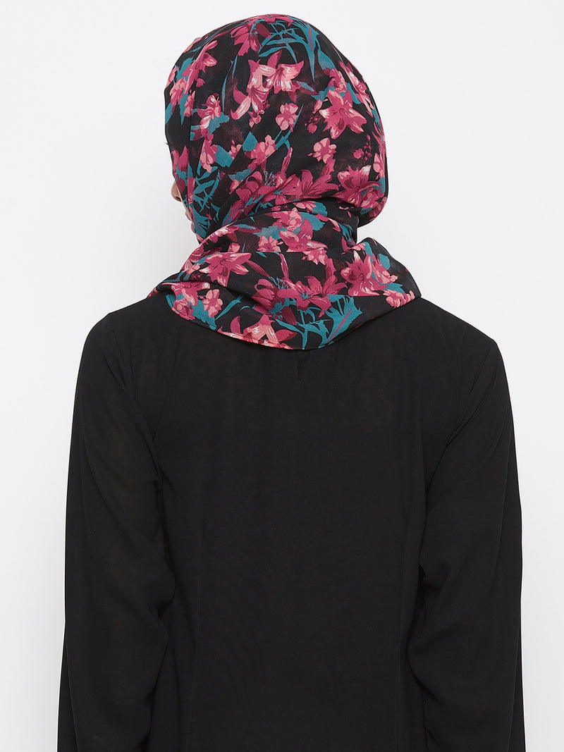 Nabia Women Black Floral Printed Georgette Hijab