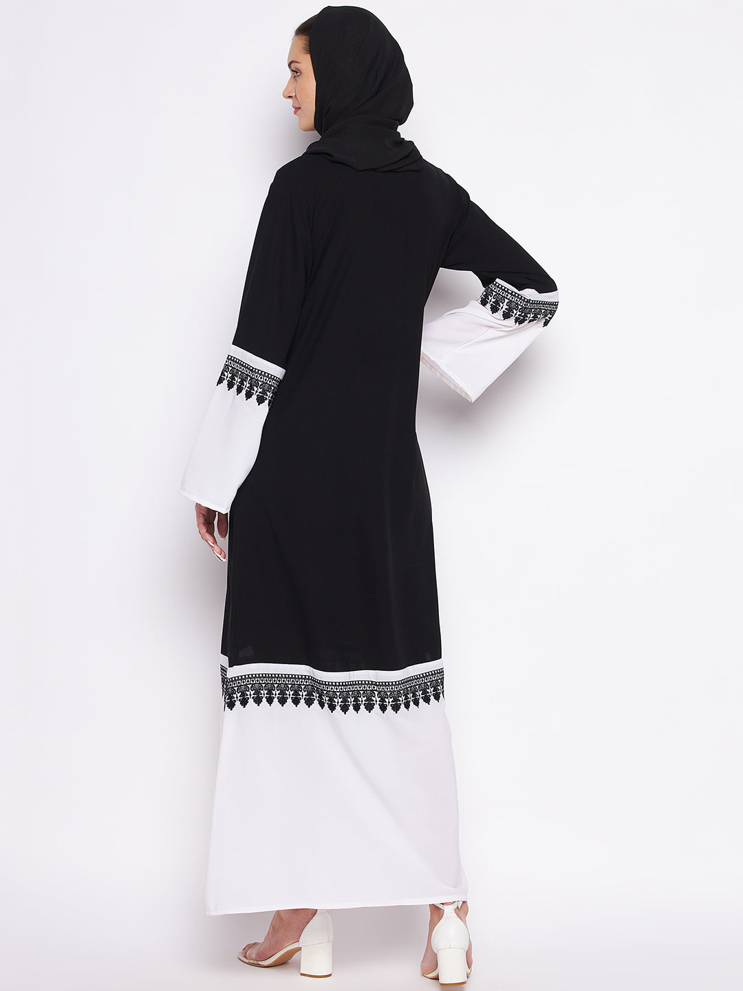 Nabia Black & White Nida Matte Fabric Abaya For Women With Georgette Scarf
