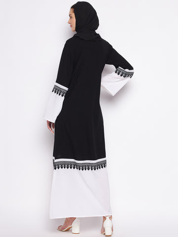 Nabia Black & White Nida Matte Fabric Abaya For Women With Georgette Scarf