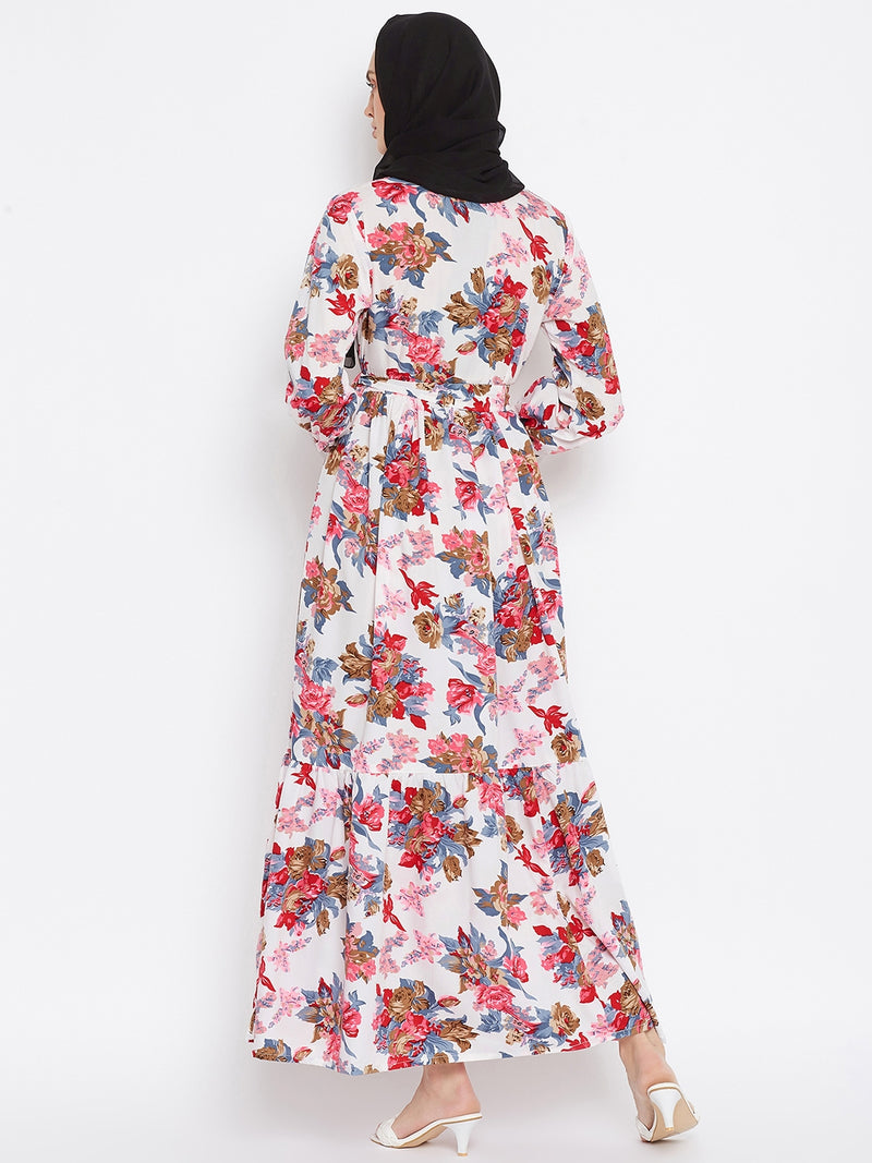 Nabia Women White Floral Printed Crepe Two Frill Abaya Dress  With Georgette Scarf
