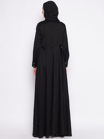 Nabia Black Solid Nida Fabric Abaya For Women with Georgette Scarf