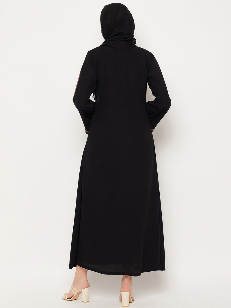 Nabia Black Nida Matte Fabric Embroidery Work Women Abaya With Georgette Scarf