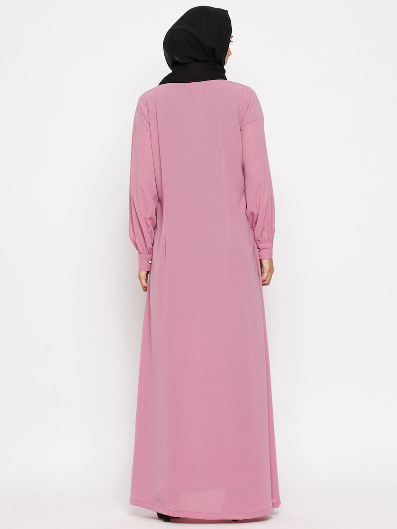 Nabia Women Fuse Pink Solid Front Open Abaya With Georgette Scarf