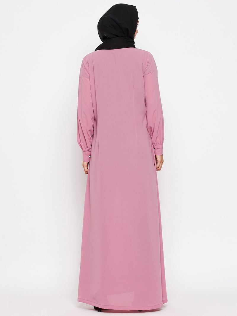 Nabia Women Pink Solid Front Open Abaya With Georgette Scarf