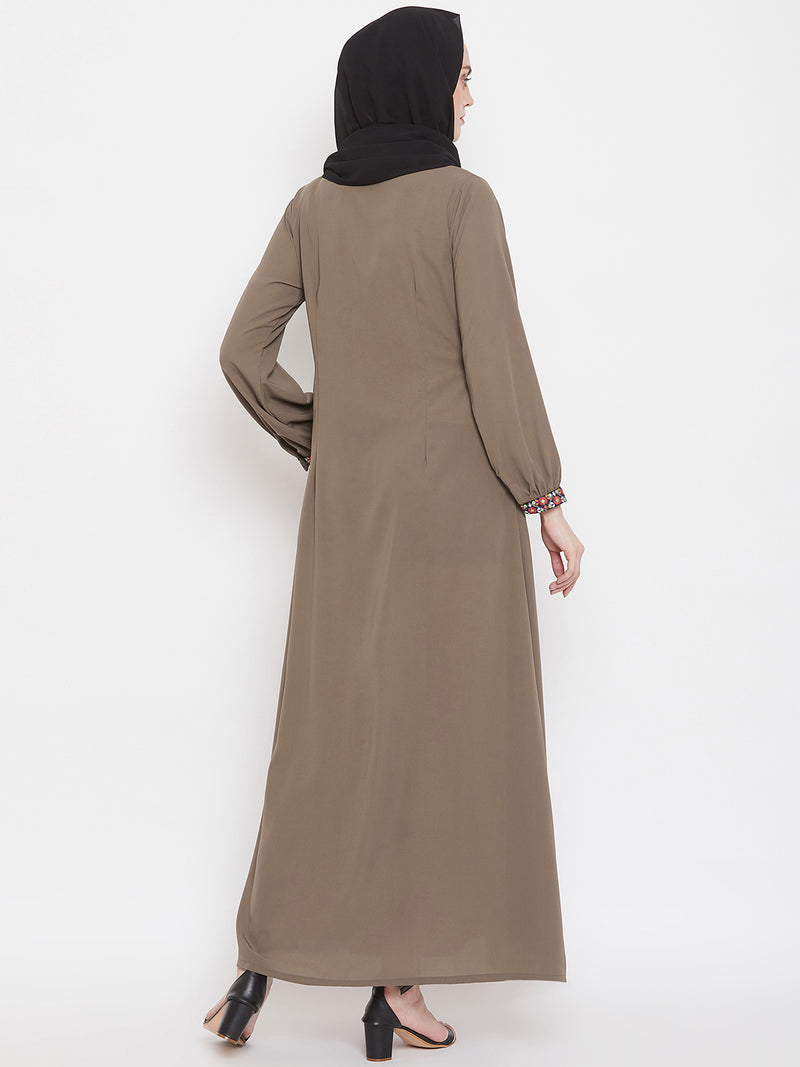 Nabia Women Oat Chikan Hand Embroidery Nida Matte Fabric Abaya with Georgette Scarf