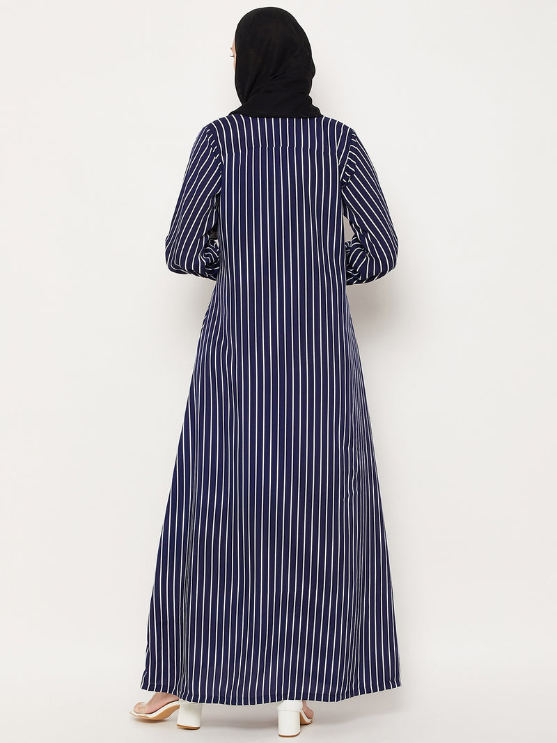 Nabia Blue Striped Crape Women Abaya With Georgette Scarf