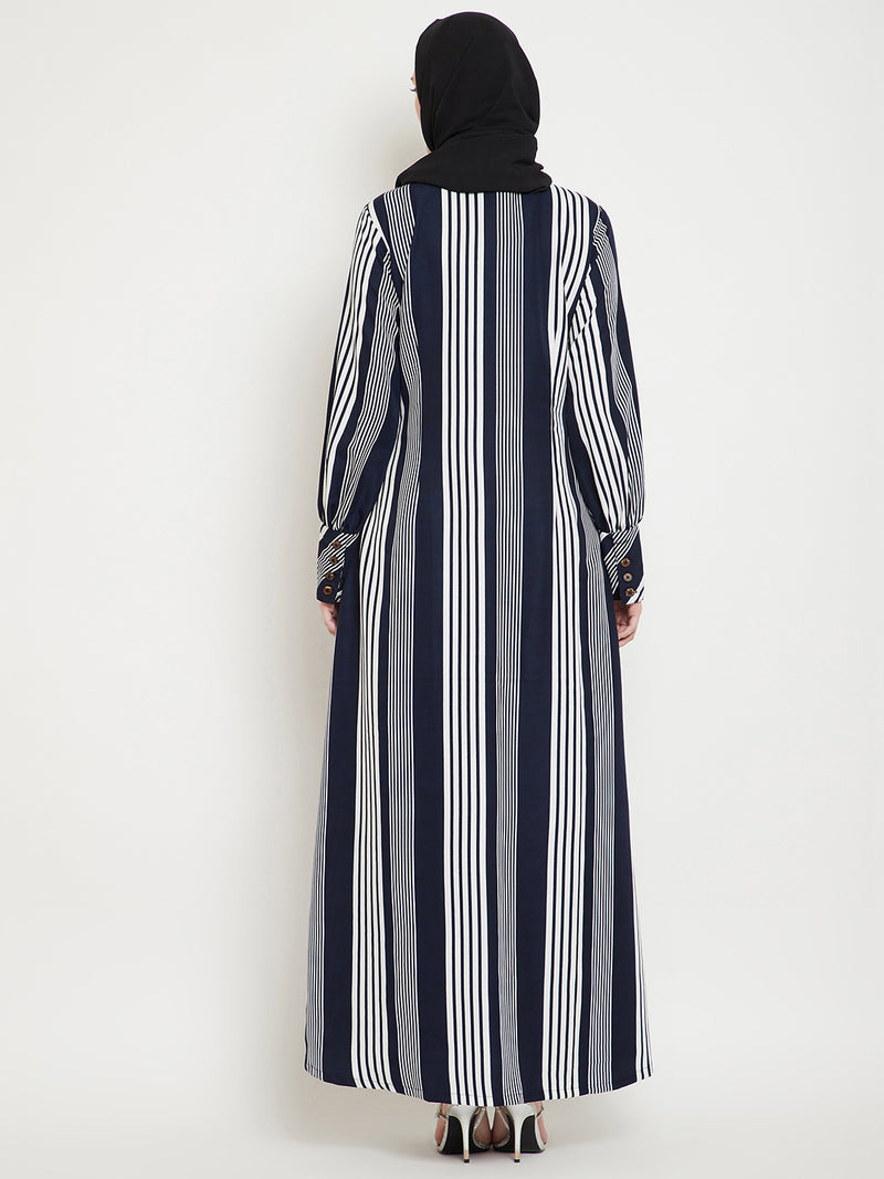 Nabia Women Blue Front Open Striped Crepe Fabric Abaya With Georgette Scarf