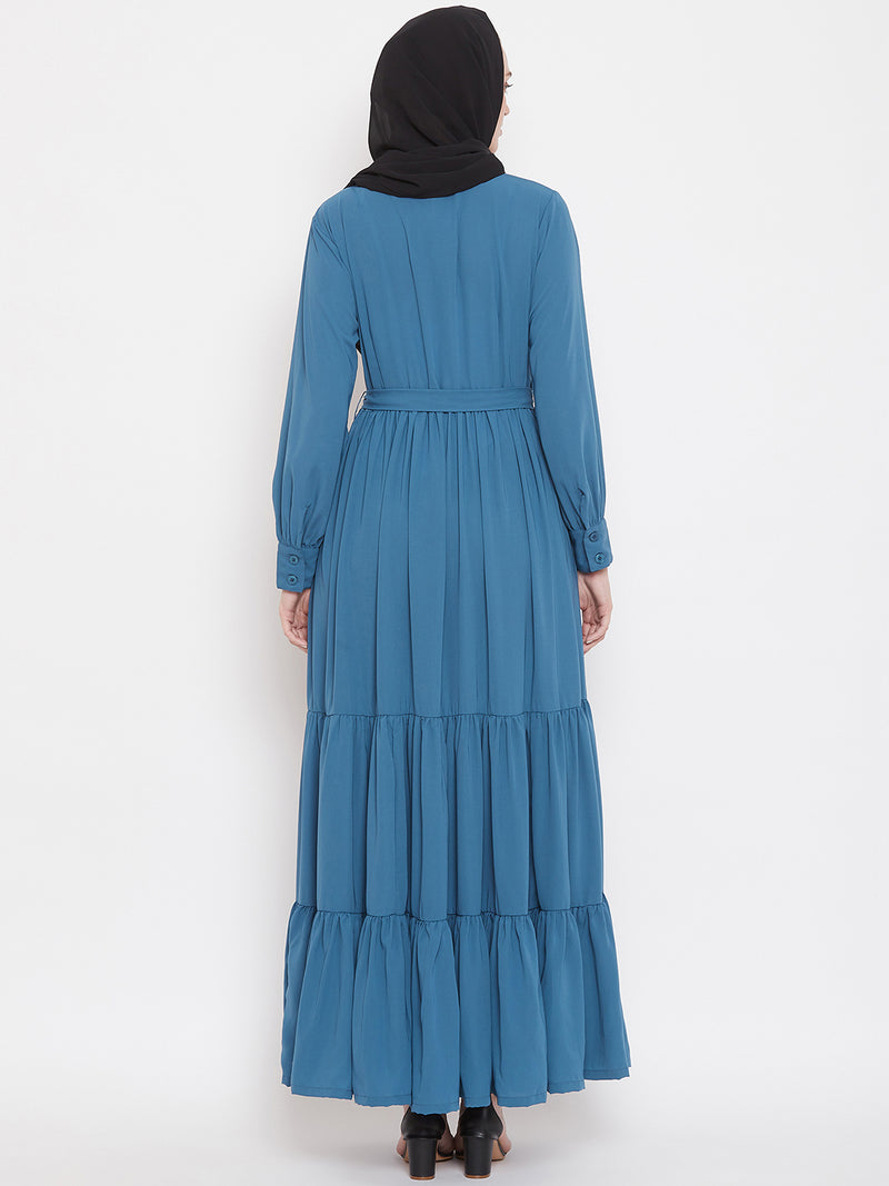 Nabia Women Sky Blue Solid Front Open Three Frilled Abaya  With Georgette Scarf